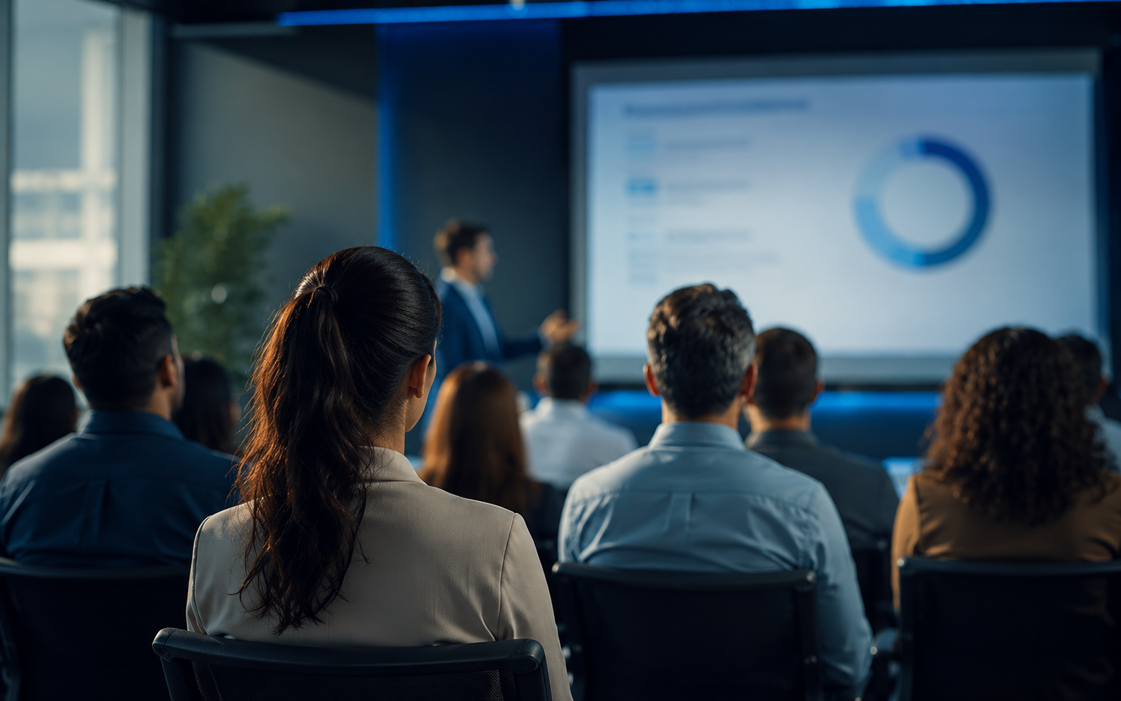 Apresentação de resultados para uma equipe em auditório